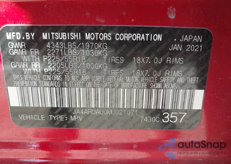 2021 Mitsubishi Outlander Sport 2.0 Be Awc/2.0 Le Awc/2.0 Se Awc/Es z USA, uszkodzony, nr VIN JA4ARUAU0MU021071